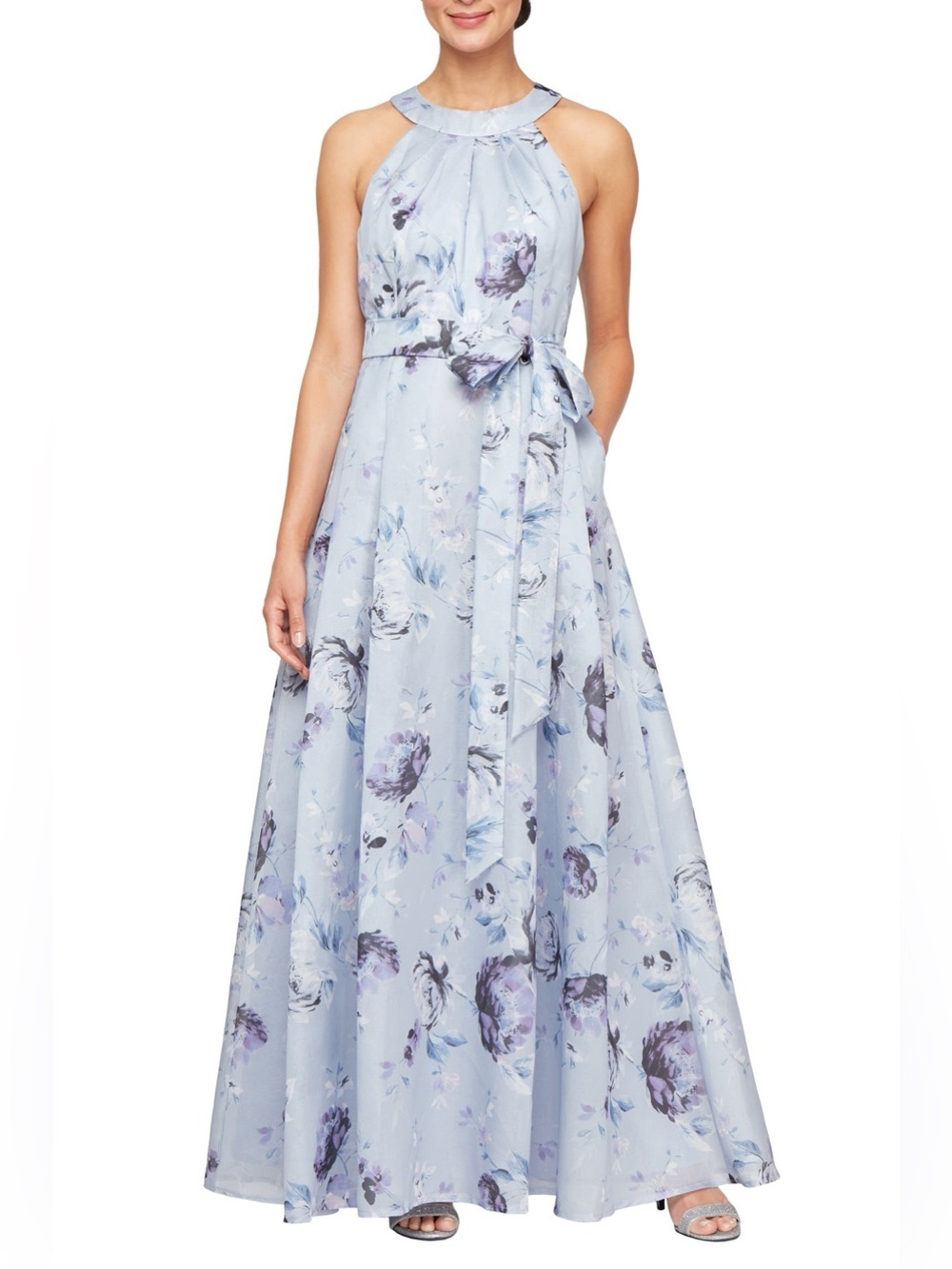 NWT Alex Evenings Shimmer Tie Belt Organza Gown Maxi Dress Flare Sz 8